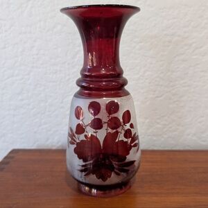 Vintage Bohemian Ruby Red Hand Blown Art Glass Etched Vase - Leaf Motif